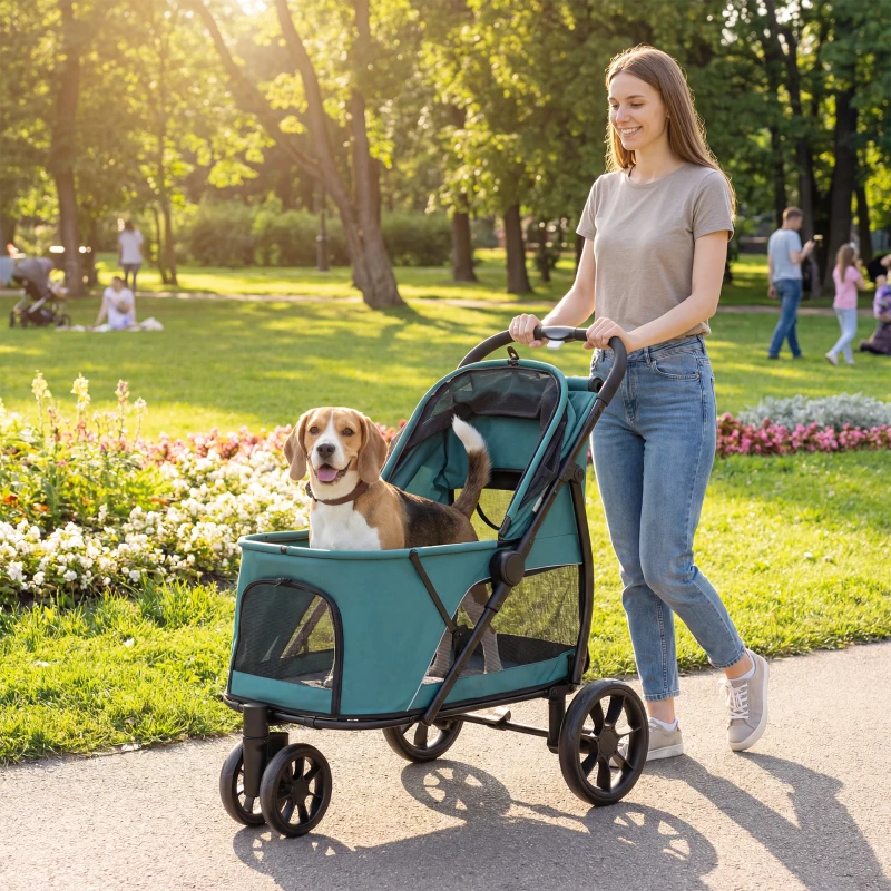 PawHut Dog Stroller, 3 Wheels Pet Stroller with Dual Entry, Easy One-Click Quick Fold, Mesh Windows, Washable Cushion