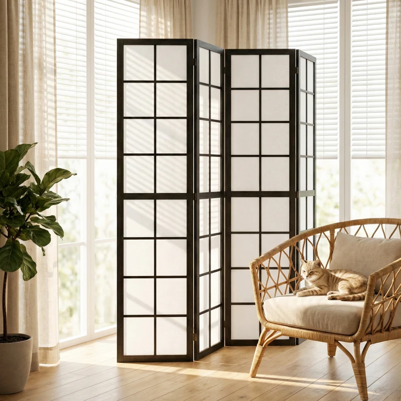 HOMCOM Paravento da Interno a 4 Pannelli Pieghevole in Legno e Tessuto, 160x170 cm, Nero e Bianco