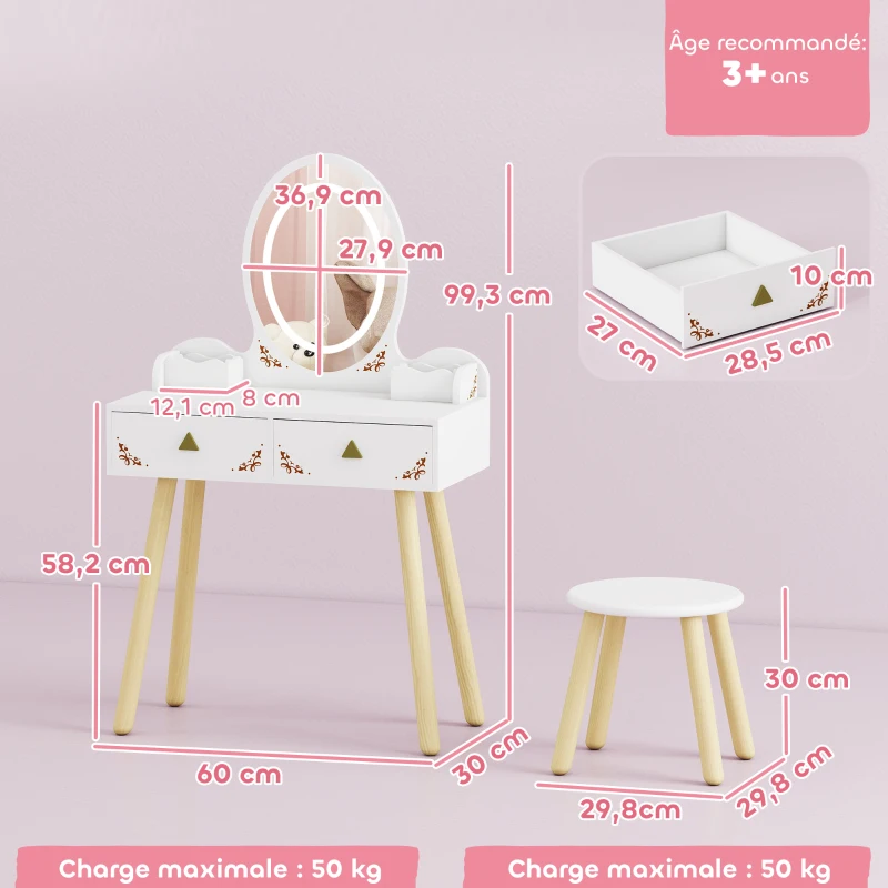 AIYAPLAY Coiffeuse pour enfant 2 en 1 bureau enfant fille avec miroir à LED 3 couleurs et tabouret 60x30x99,3 cm blanc