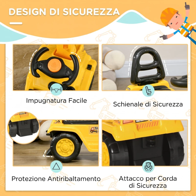 HOMCOM Escavatore per Bambini con Benna e Spazio di Archiviazione, Clacson, Volante, 18-48 Mesi, Giallo
