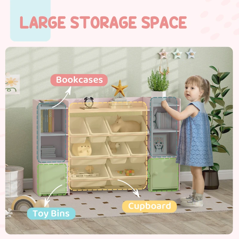 AIYAPLAY Kids Toy Organizers and Storage with 8 Removable Storage Bins and Bookshelf, Pink