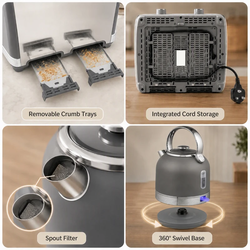 HOMCOM Stainless Steel Kettle and Toaster Set, 1.7L 3000W Cordless Fast Boil Kettle, 4 Slice Toaster Kitchen Set, Grey