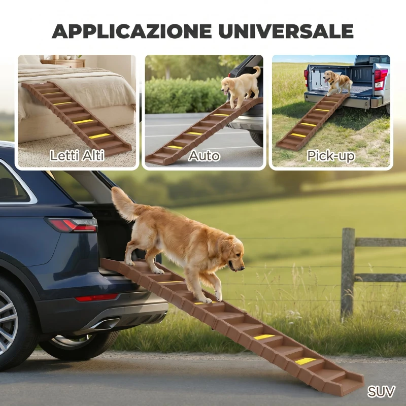 PawHut Rampa Pieghevole per Cani per Auto e Letti Alti a 10 Gradini con Strisce e Tappetini Antiscivolo, Marrone