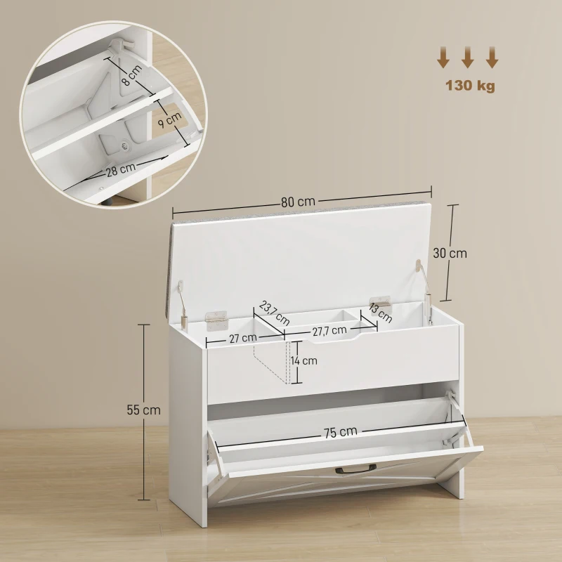 HOMCOM Panca Scarpiera con Cassetto Ribaltabile e Contenitore, Capacità 6 Paia di Scarpe, 80x30x55 cm, Bianco