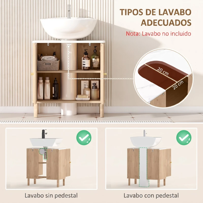 HOMCOM Mueble de lavabo, mueble de baño bajo lavabo estante ajustable encimera efecto mármol 60x30x63cm roble