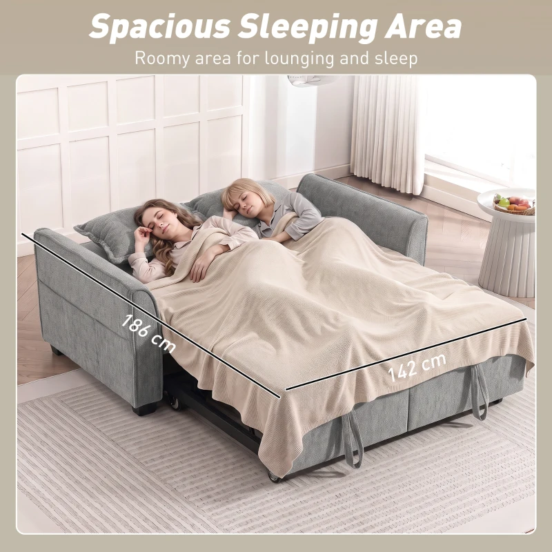 HOMCOM 2 Seater Sofa Bed, 4-in-1 L-Shaped Convertible Pull-Out Sleeper Sofa with Adjustable Backrest and Side Pockets, Grey