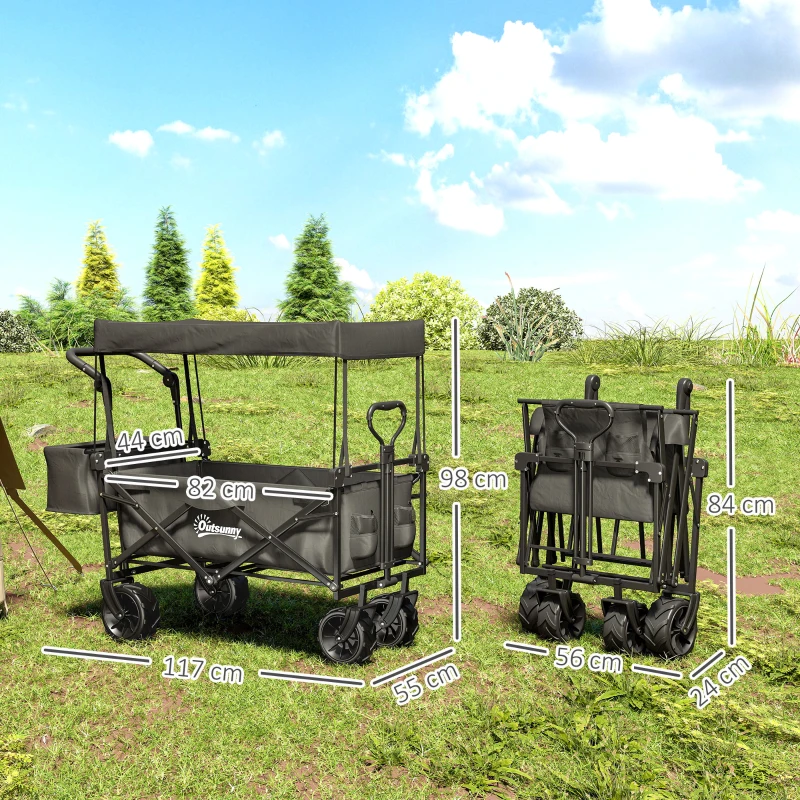 Outsunny 180L Festival Trolley on Wheels, Push & Pull Beach Cart with Removable Canopy, Wide All-Terrain Wheels, Folding Camping Trolley Cart, Adjustable Handle for Garden Fishing Shopping, Black