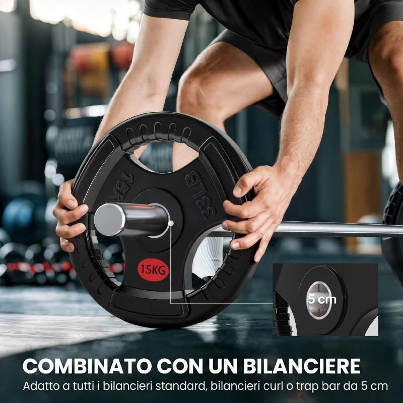 SPORTNOW Set di Dischi Pesi 2x15 kg con Foro da 5 cm e 3 Impugnature, Acciaio con Rivestimento in Plastica, Nero