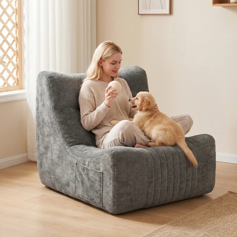 HOMCOM Canapé Paresseux Chaise de Sol à Silhouette Papillon avec Poches Latérales, sans Assemblage, 80x90x76cm, Gris Châtaigne