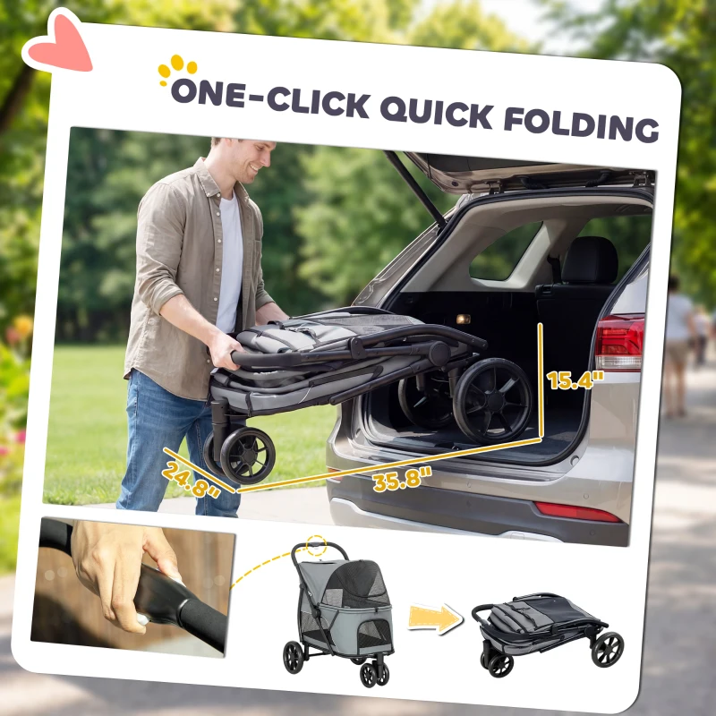 PawHut Dog Stroller, 3 Wheels Pet Stroller with Dual Entry, Easy One-Click Quick Fold, Mesh Windows, Washable Cushion