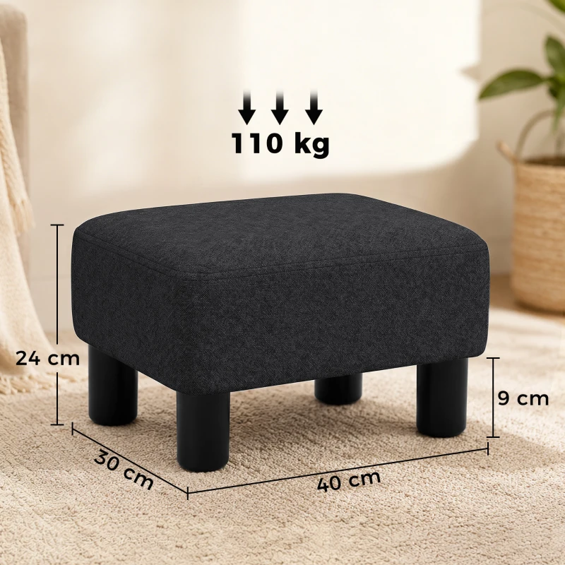 HOMCOM Linen Fabric Footstool Ottoman Cube with 4 Plastic Legs, Black