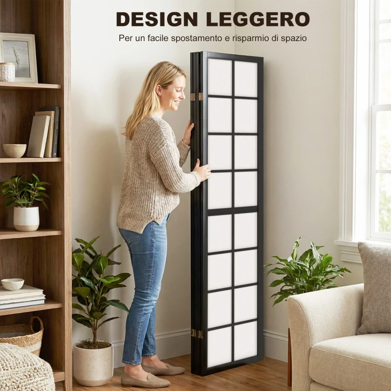 HOMCOM Paravento da Interno a 4 Pannelli Pieghevole in Legno e Tessuto, 160x170 cm, Nero e Bianco