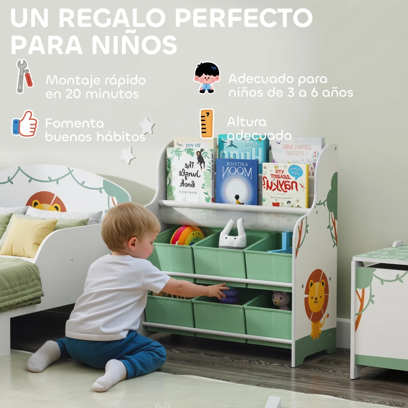 AIYAPLAY Estantería Infantil para Juguetes con 6 Cajas Extraíbles de Tela no Tejida y 2 Estantes para Guardería 63x30x71 cm Verde