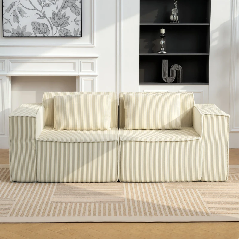 HOMCOM Canapé 3 places en velours côtelé, canapé rembourré, larges accoudoirs, 2 coussins, pas de montage, 202x90x76cm, beige