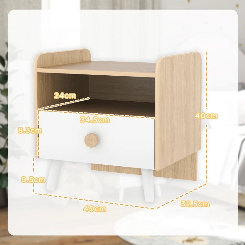 AIYAPLAY Kids Bedside Table with Drawer and Open Storage Shelf, Wooden Nightstand for Bedroom, Bedside Cabinet, White