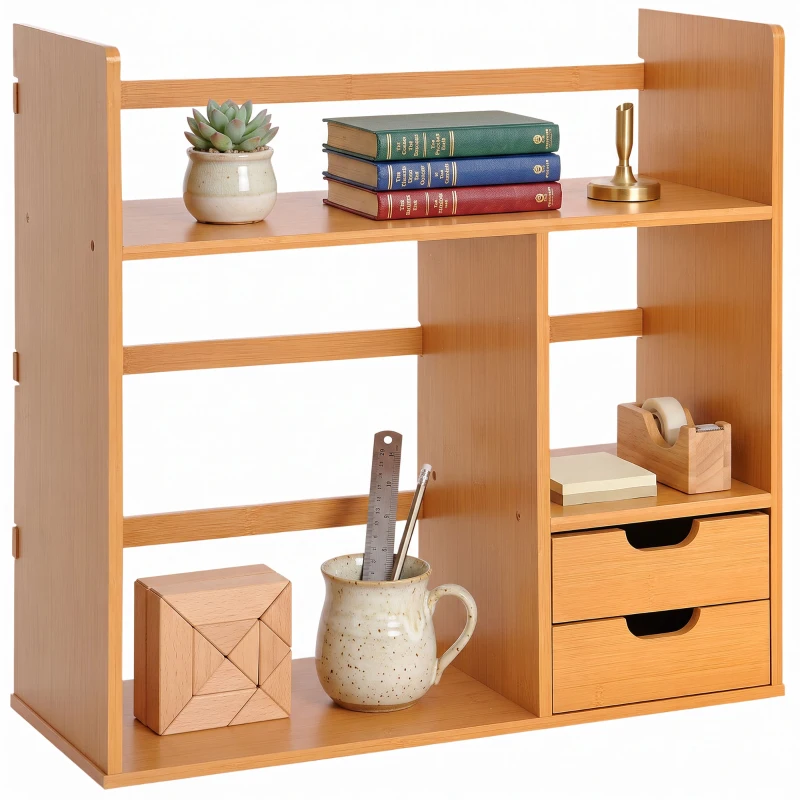 HOMCOM Organizator de Birou cu 2 Sertare și Rafturi pentru Documente, Bambus, 48x19,5x 46 cm, Culoare Lemn