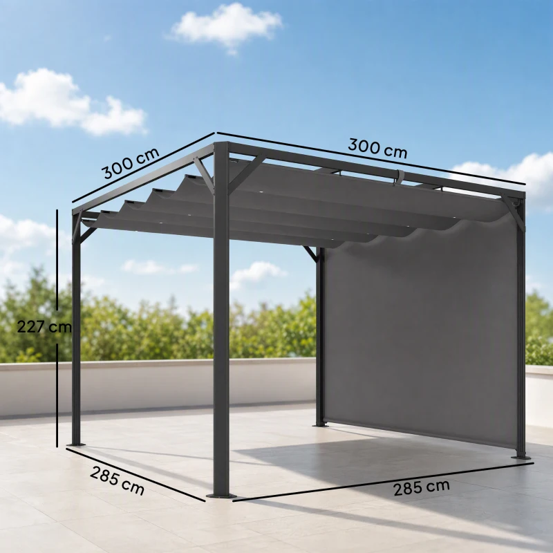 Outsunny Gazebo Pergolă Retractabilă 3x3 m cu Tendă Rulantă și Orificii de Drenaj, din Oțel și Poliester Gri Închis