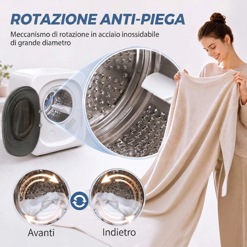 HOMCOM Mini Asciugatrice Portatile 2.5 kg, 5 Programmi, 800W, Carica Frontale, Tamburo in Acciaio Inox, per Casa, Bianco