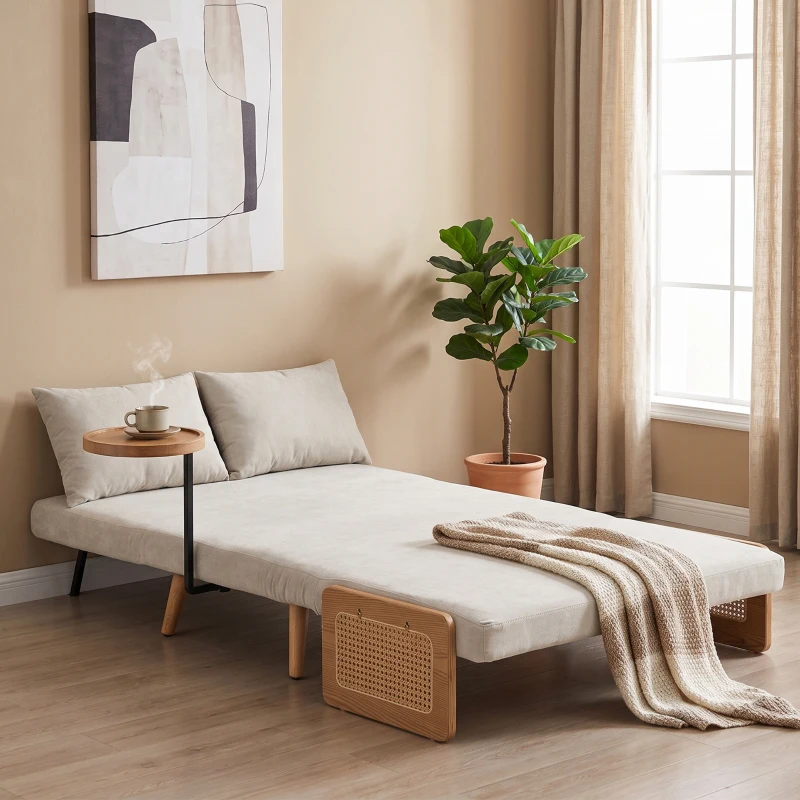 HOMCOM Sofá Cama 2 Plazas Convertible 3 en 1 Tapizado en Chenilla con Respaldo Ajustable Mesa Lateral 2 Almohadas Blanco Crema