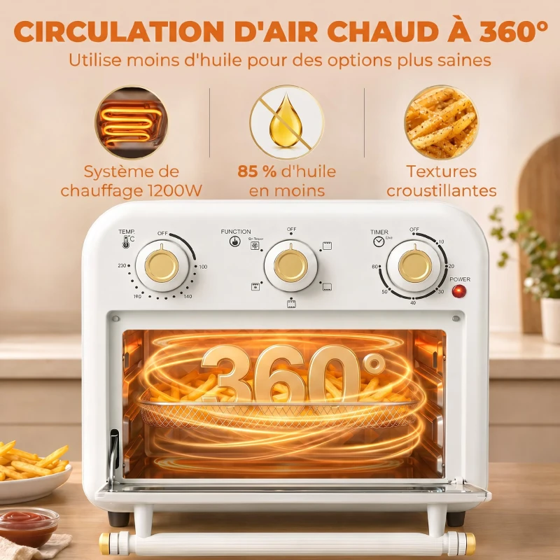 HOMCOM Four Friteuse à Air Chaud 12L, Four à Air Chaud Convection 1200 W avec Plaque de Cuisson, Panier de Friture, Crème