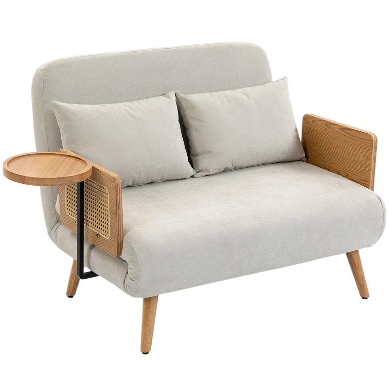 HOMCOM Sofá Cama 2 Plazas Convertible 3 en 1 Tapizado en Chenilla con Respaldo Ajustable Mesa Lateral 2 Almohadas Blanco Crema