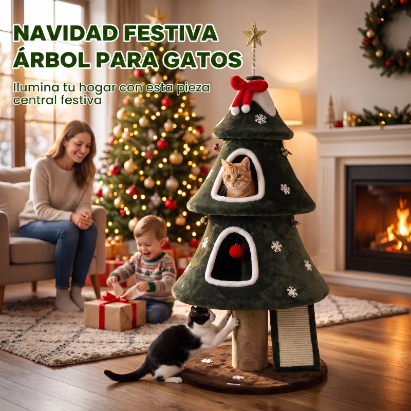PawHut Árbol Rascador para Gatos 132 cm Diseño de Navidad Torre para Gatos de Felpa con 2 Casitas Escalera de Sisal Verde