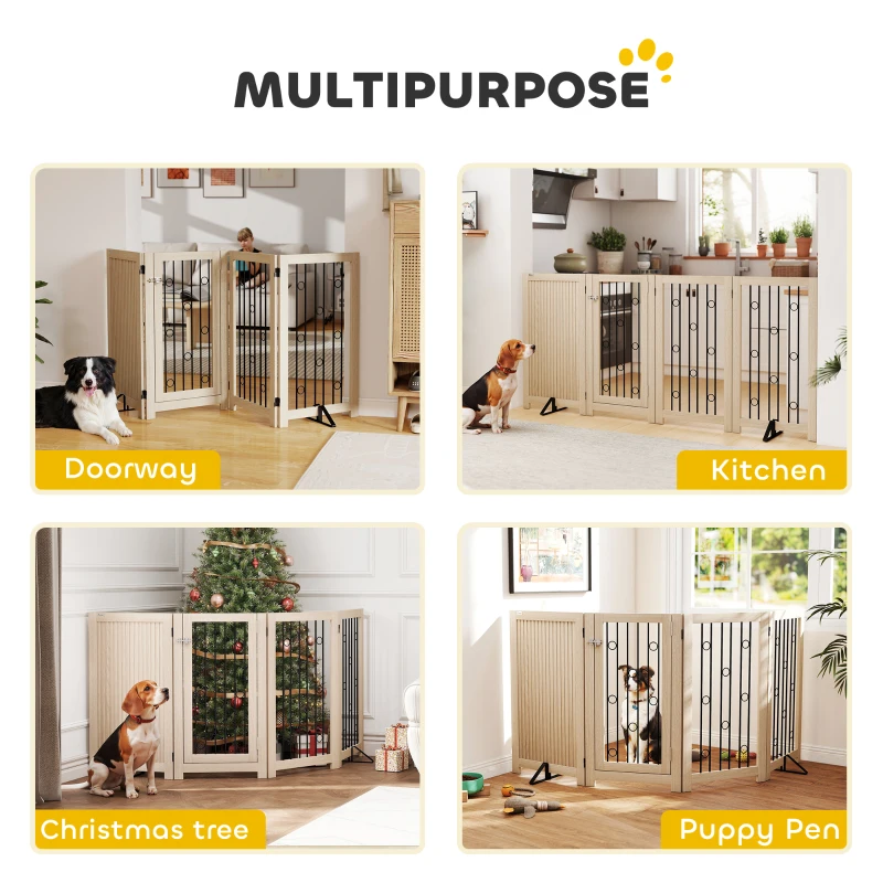 PawHut 4 Panel Freestanding Pet Gate, Indoor Dog Barrier with Lockable Door, Support Feet, 360° Flexible Hinges, Oak