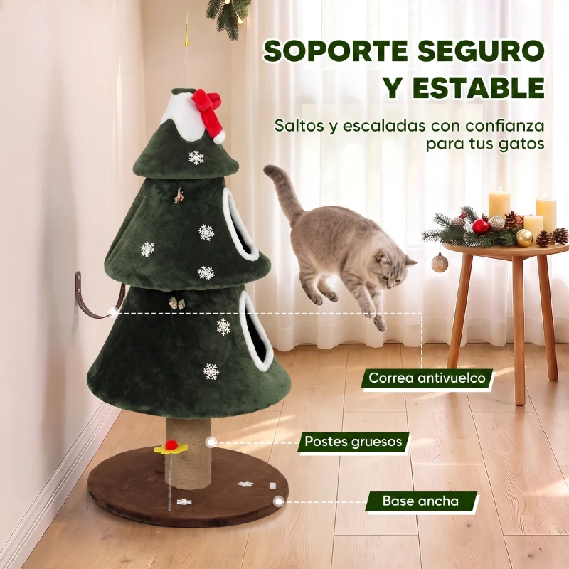 PawHut Árbol Rascador para Gatos 132 cm Diseño de Navidad Torre para Gatos de Felpa con 2 Casitas Escalera de Sisal Verde
