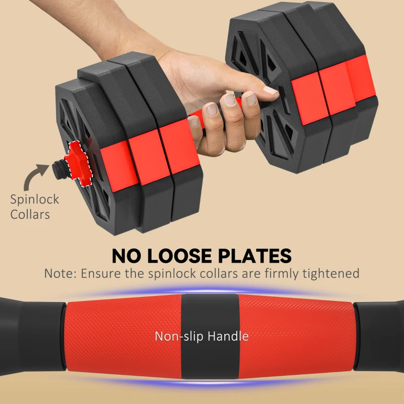 SPORTNOW 6-in-1 Adjustable Weight Dumbbells Set, Used as Kettlebell, Barbell, Dumbbell, Push-Up Stand, 30kg Free Weights Set for Men and Women Home Gym Training, Red