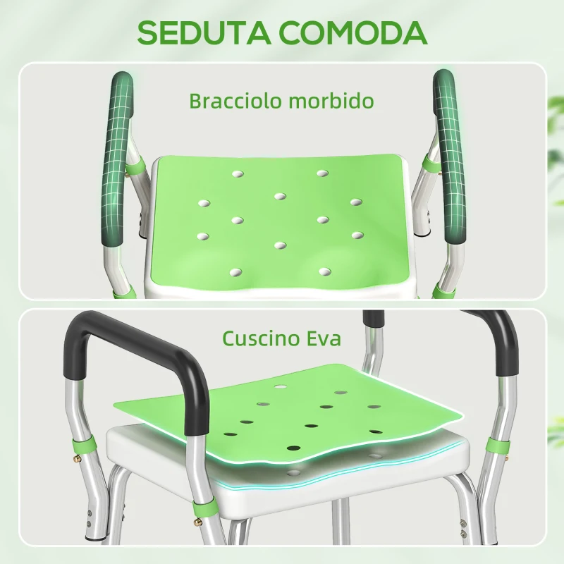 HOMCOM Sgabello Doccia in Alluminio ad Altezza Regolabile con Braccioli e Piedini Antiscivolo, Verde