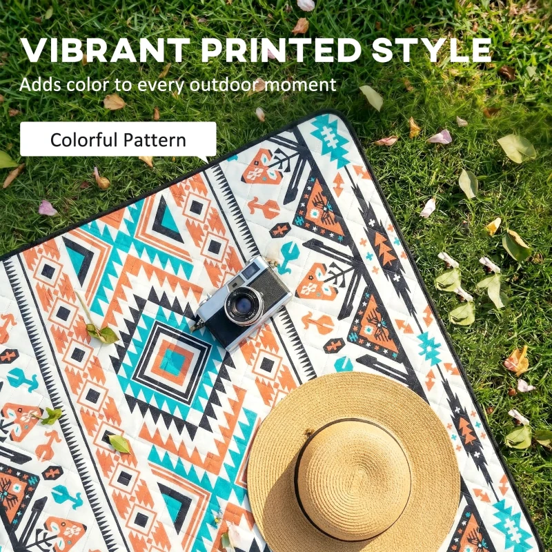 Outsunny Picnic Blanket, 200x200CM Large Beach Blanket Outdoor Picnic Mat with Integrated Strap for Camping, Mix-Colour