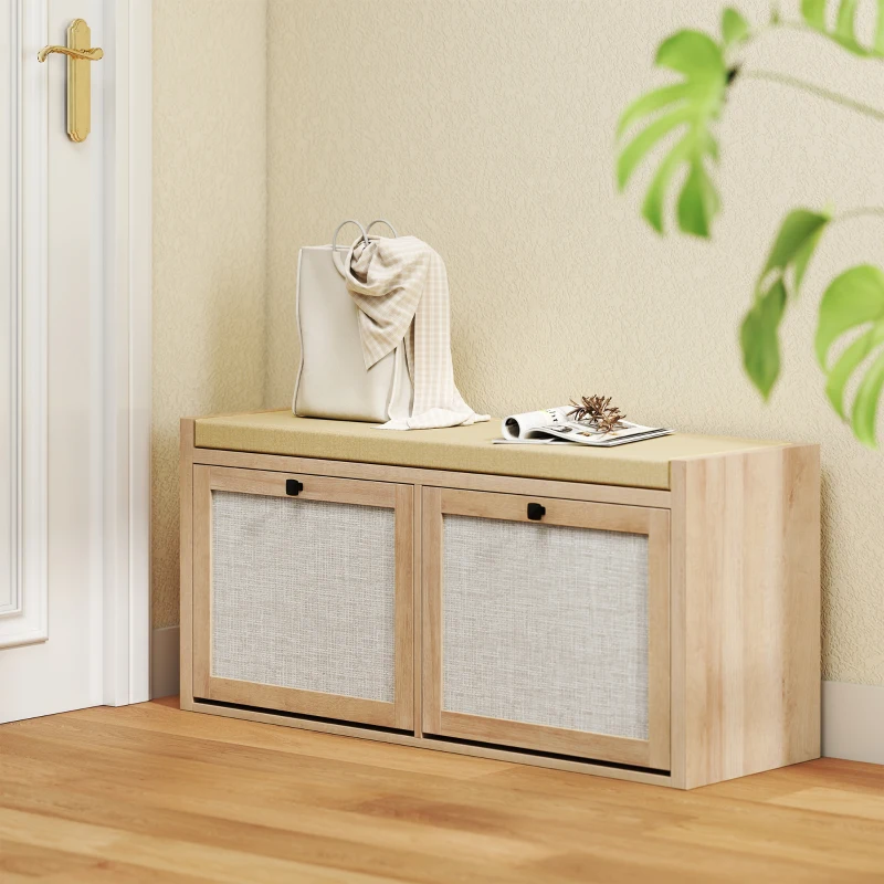 HOMCOM Rattan Shoe Bench with Padded Cushion and 2 Cabinets for Hidden Storage, Oak Wood Effect