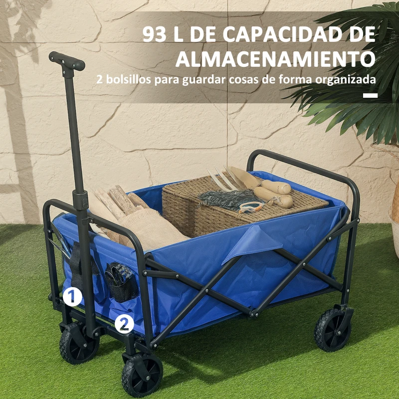 Outsunny Carro de Jardín Plegable con Ruedas Asa Telescópica Ajustable Carga 100 kg para Campaña Compra 64x42x27 cm Azul