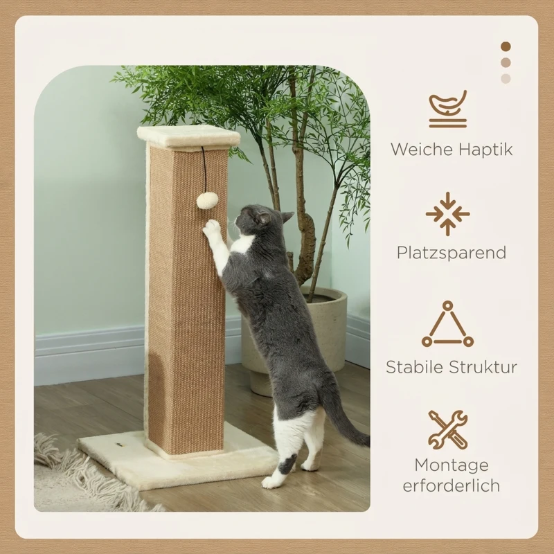 PawHut Kratzbaum Katzenbaum, inkl. Spielball, Plüsch, Jute, 41 cm x 41 cm x 81 cm, Beige