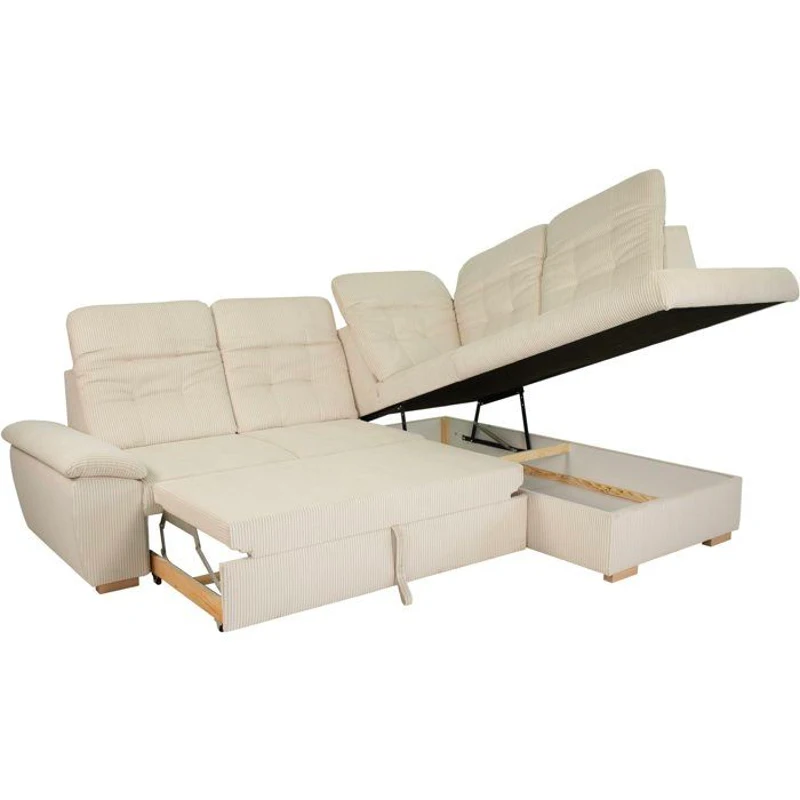 Canapé d'angle convertible - BUNNY - Velours côtelé Beige - Coffre - 261 x 212 x 104 cm