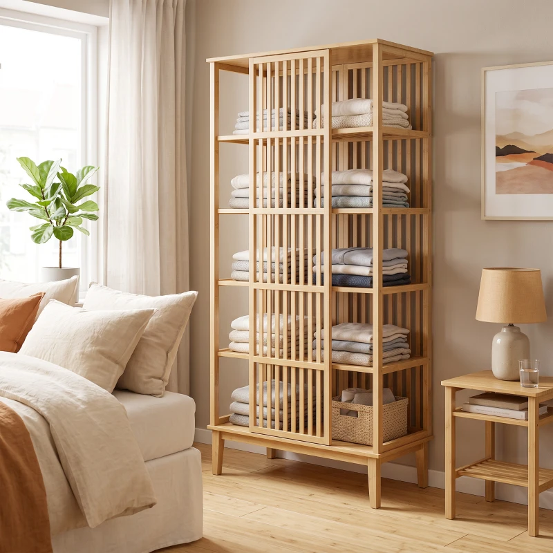 HOMCOM Armoire Chambre Penderie en Bambou 5 Niveaux avec Porte Coulissante, Design Aéré à Lattes, Bois Naturel