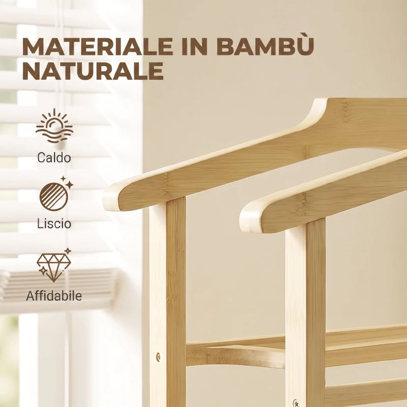 HOMCOM Appendiabiti da Terra in Bambù con Ruote, Grucce, Barre, Vassoio e Ripiano, per Camera da Letto, Ingresso, Rovere