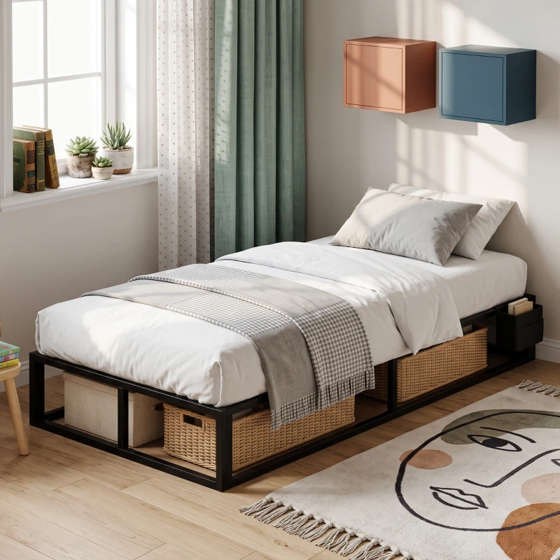 HOMCOM 12 Slats Metal Platform Bed Frame, 3ft Single Bed Frame with Storage Bag and Anti-Slip Pads, Black