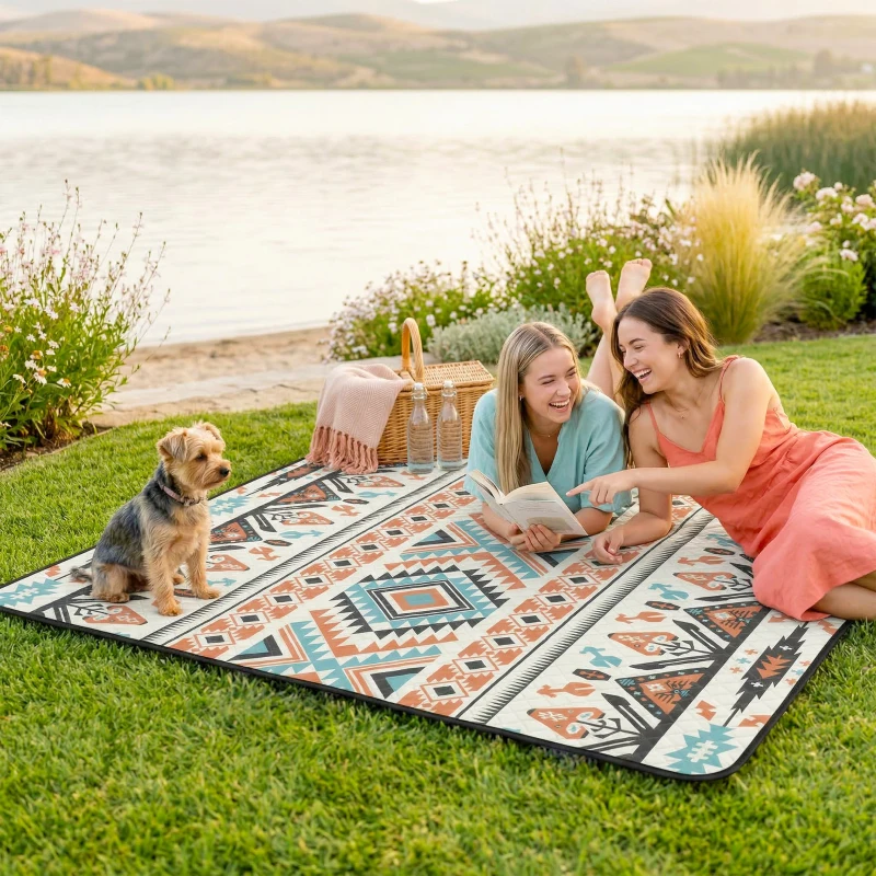 Outsunny Picnic Blanket, 200x200CM Large Beach Blanket Outdoor Picnic Mat with Integrated Strap for Camping, Mix-Colour