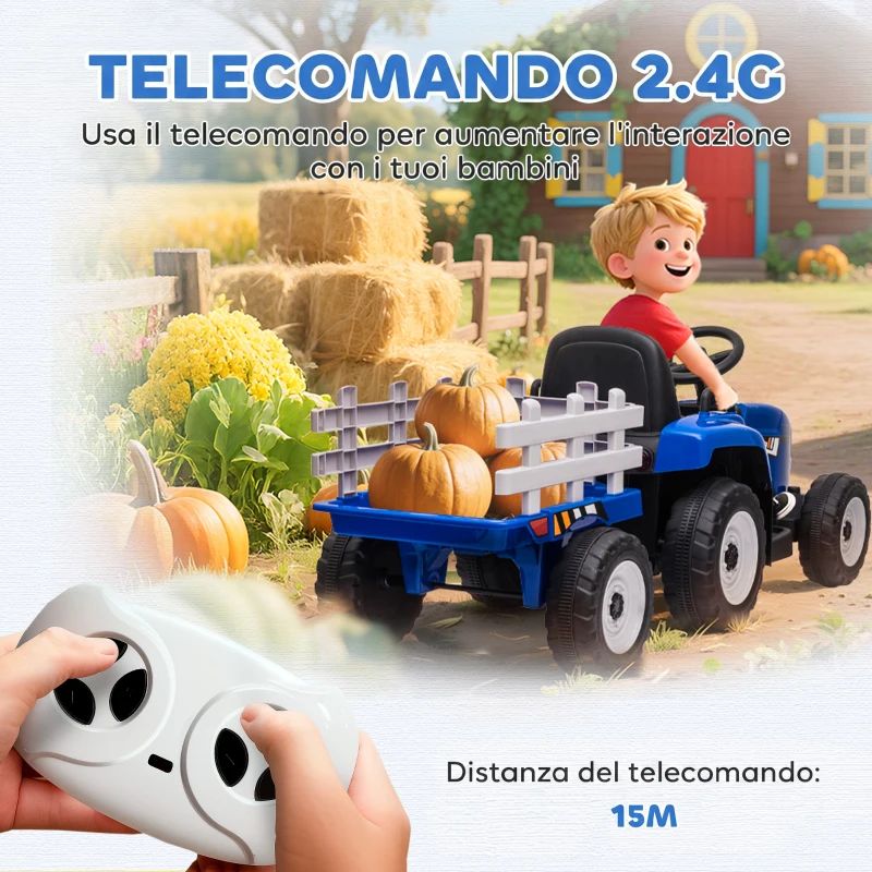 HOMCOM Trattore Elettrico per Bambini con Rimorchio Rimovibile, Telecomando, Porta USB, Musica e Luci, Età 3-6 Anni, Blu