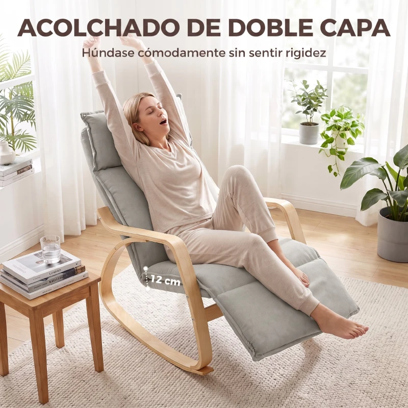 HOMCOM Silla Mecedora con Reposapiés Ajustable en 5 Posiciones Reposabrazos de Madera Acolchado Doble Capa Gris Claro