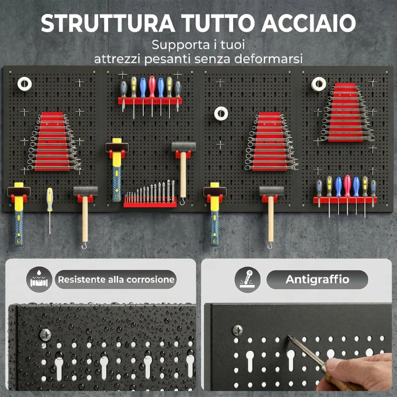 HOMCOM Set 4 Pannelli Porta Attrezzi da Parete in Acciaio 38pz, con 12 Supporti e 22 Ganci, Nero e Rosso
