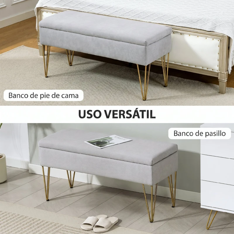 HOMCOM Banco Pie de Cama Tapizado en Lino Sintético con Patas de Acero y Asiento Acolchado Gris Claro