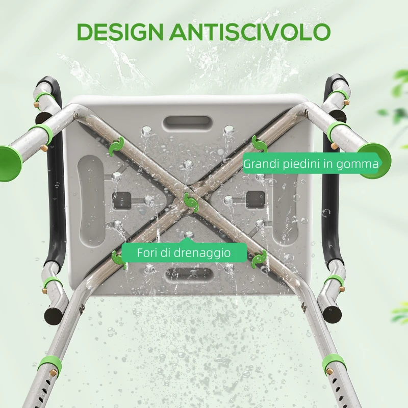 HOMCOM Sgabello Doccia in Alluminio ad Altezza Regolabile con Braccioli e Piedini Antiscivolo, Verde