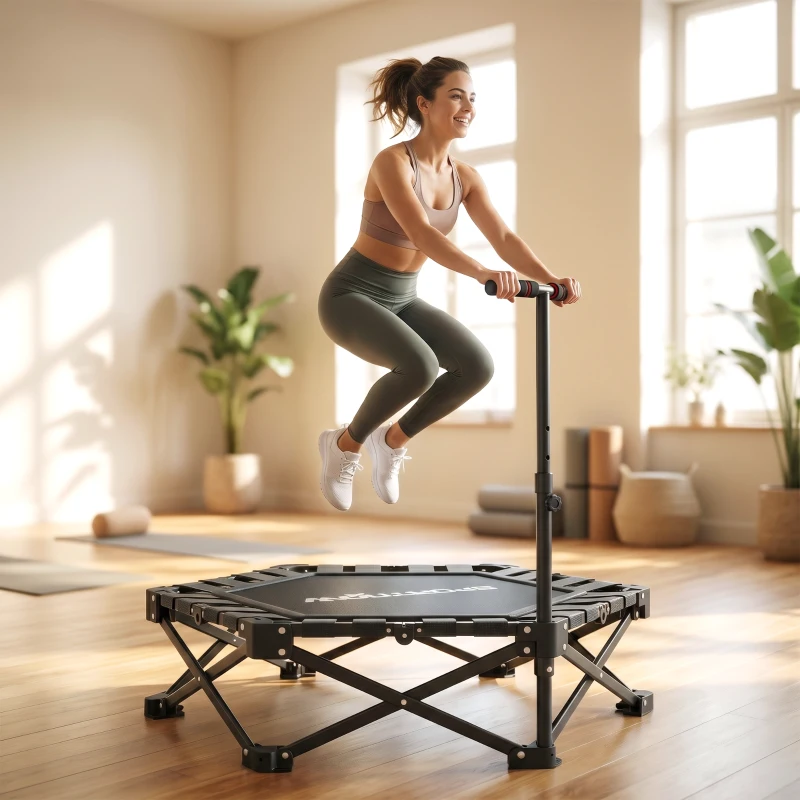 SPORTNOW 42" Foldable Mini Trampoline, One-Step Fold & Open, Rebounder Trampoline with 3-Level Adjustable Handle for Adults