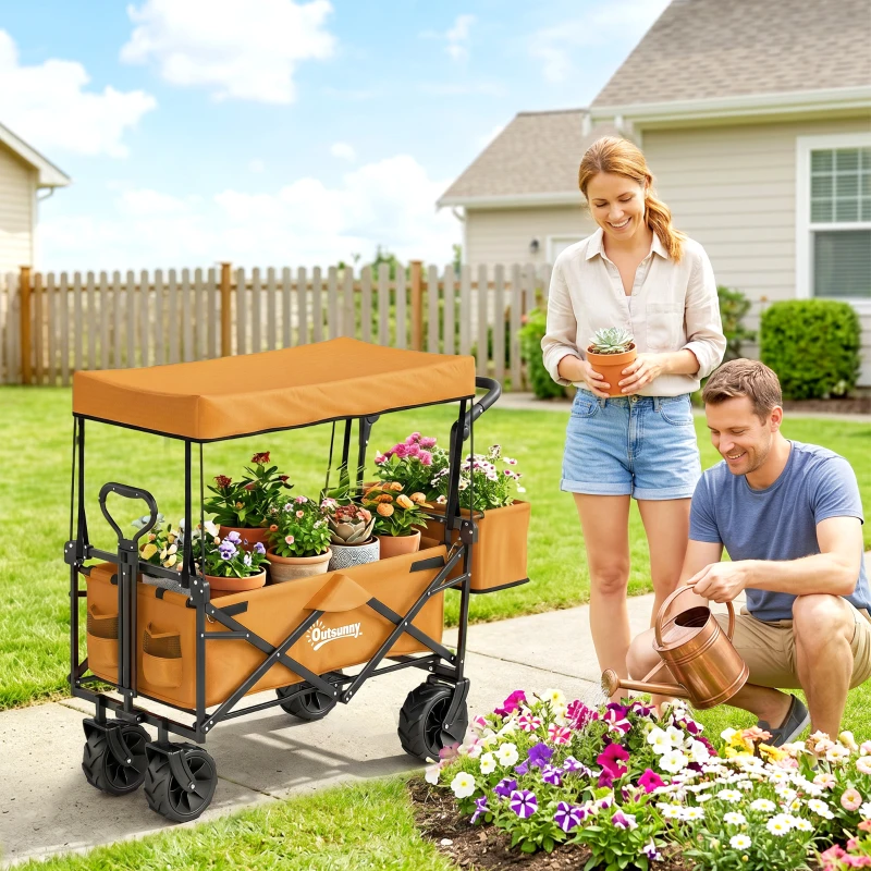Outsunny 180L Festival Trolley on Wheels, Push & Pull Beach Cart with Removable Canopy, Wide All-Terrain Wheels, Folding Camping Trolley Cart, Adjustable Handle for Garden Fishing Shopping, Orange