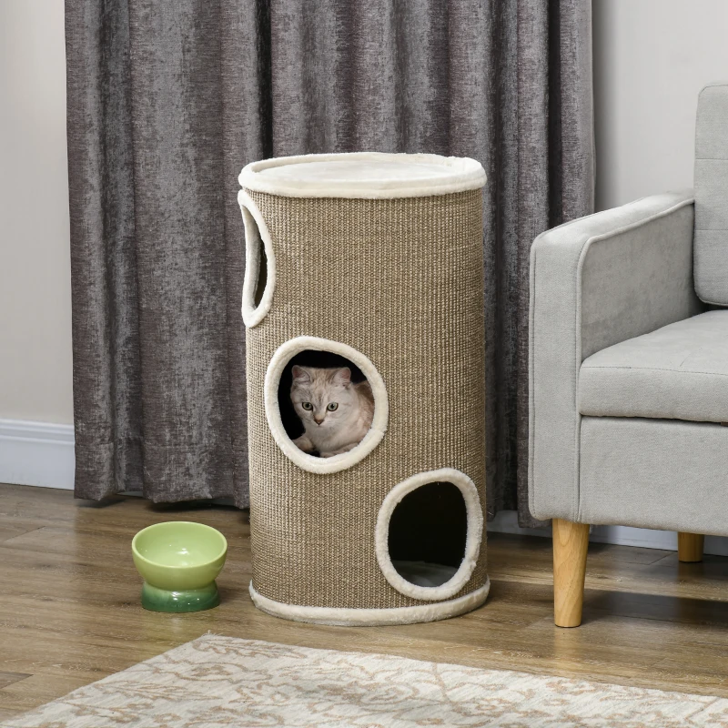 PawHut Tonneau à Gratter pour Chat, Tour à Griffer en Sisal à 3 Niveaux Recouvert de Peluche, Ø 38 x 70 cm, Marron