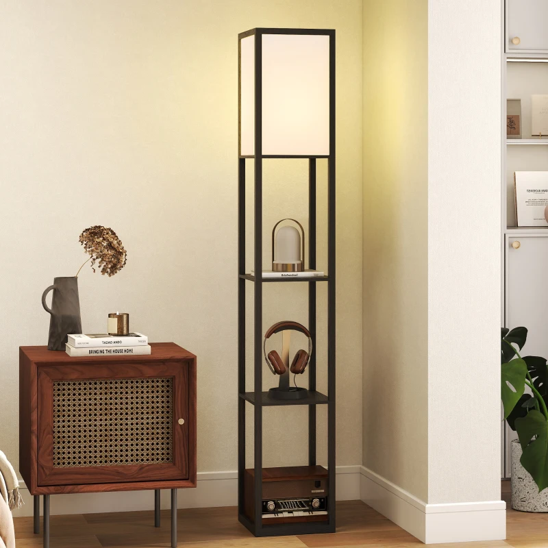 HOMCOM Floor Lamp with Shelves, 3 Layer Column Modern Standing Lamp for Living Room, Bedroom, Office, Bulb not Included, Black