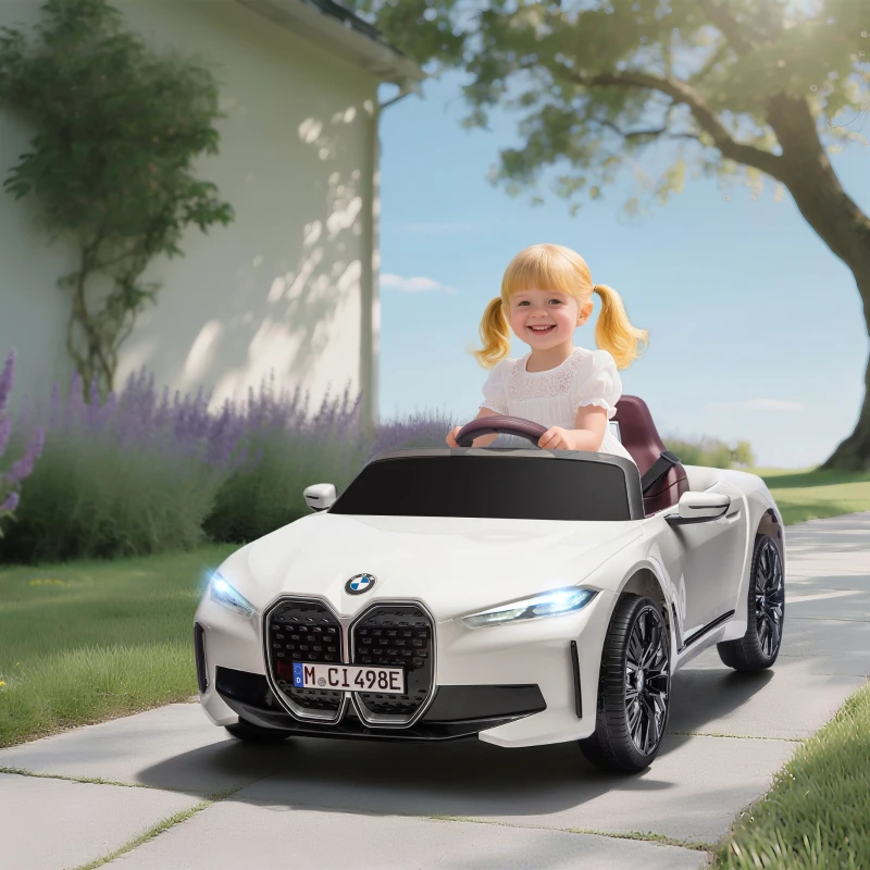 HOMCOM Mașină Electrică pentru Copii 3-6 Ani cu Licență BMW, cu Telecomandă, Claxon și Faruri, 115x67x45 cm, Albă(m-10)