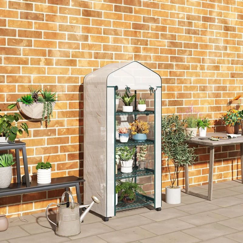 Outsunny 4 Tier Mini Portable Greenhouse Compact Plant Grow Shed Metal Frame PE Cover with Lockable Rolling Wheels, White